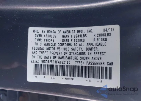 2015 Honda Accord Lx from USA, damaged, VIN 1HGCR2F31FA162160